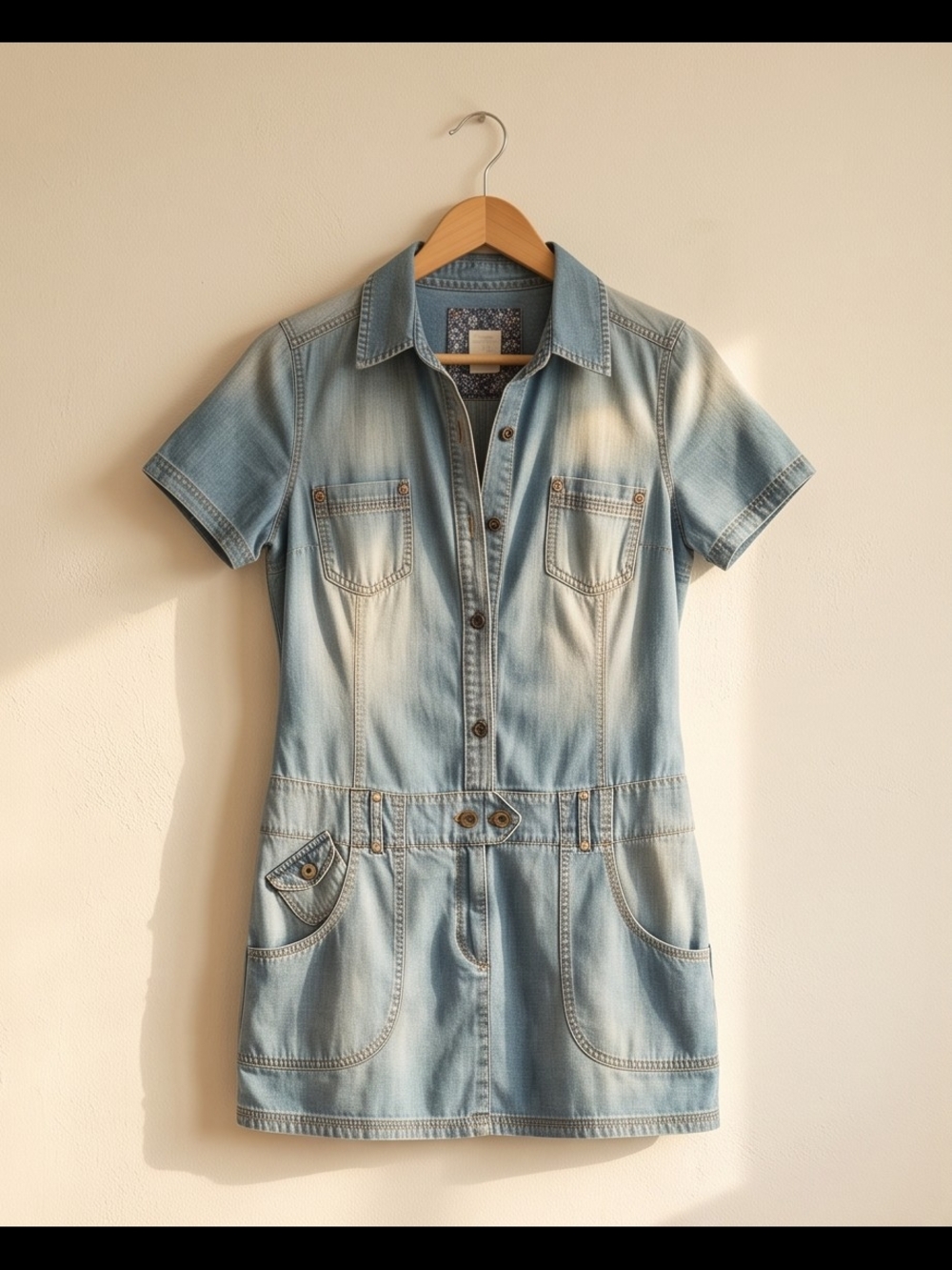 Light Wash Denim Mini Shirt Dress - Blue